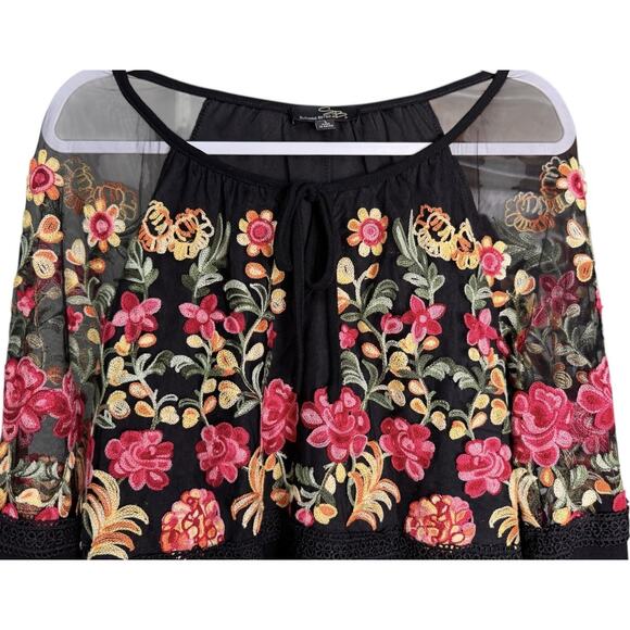 Boho Floral Embroidered Suzanne Betro Large Black Mesh Lace Flowy Blouson Dress - Picture 3 of 8